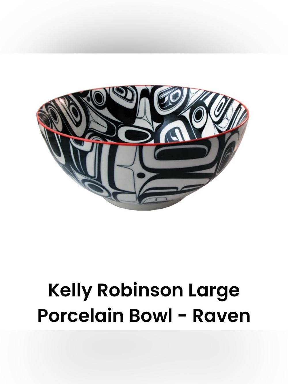 RAVEN Kelly Robinson LARGE Porcelain Bowl Black & White with Red Rim